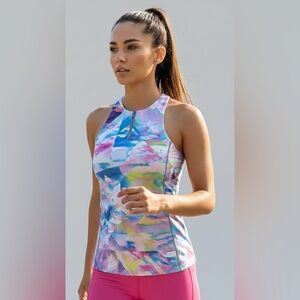 Lucy multicolor deep cut sleeveless workout top, front zipper, bra support, S